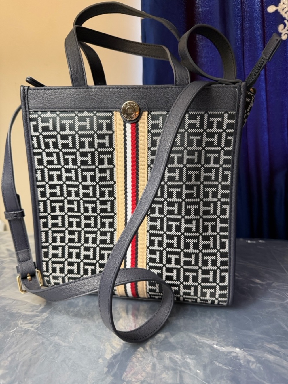 Tommy Hilfiger Navy Patterned Canvas Crossbody with Signature Stripe